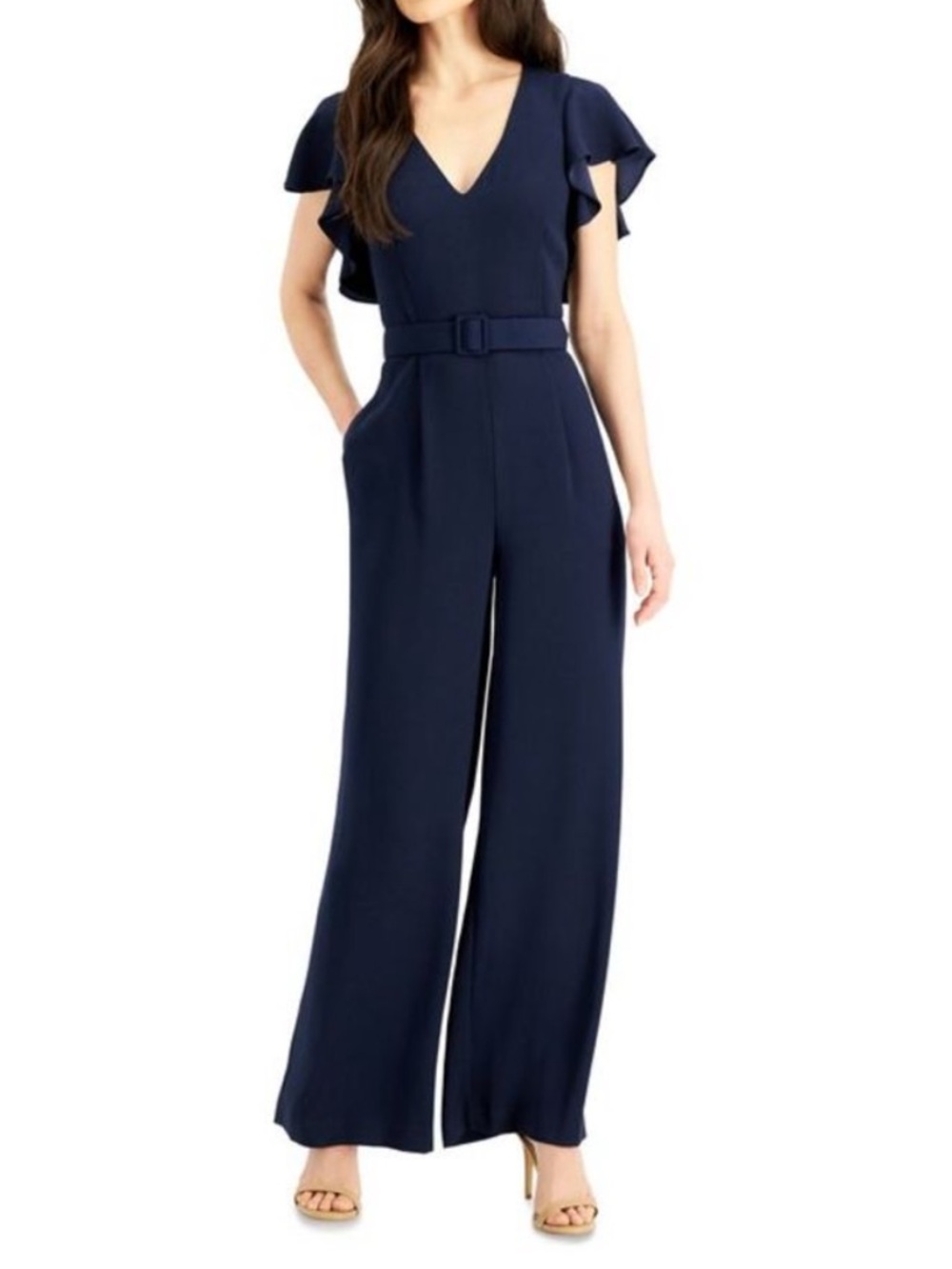 NWT Eliza J‎ Women’s V Neck Wide Leg Flutter Sleeve Jumpsuit Navy Blue Size 6